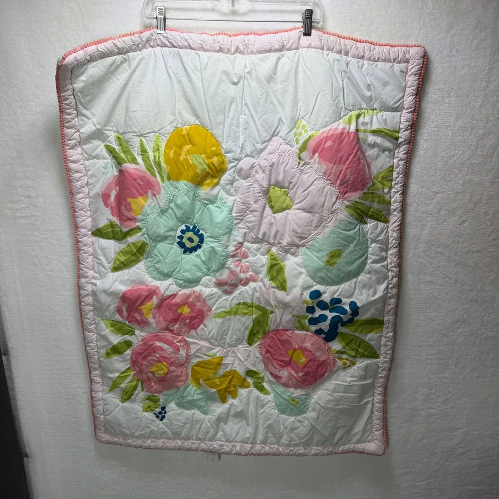Cloud Island Target Baby Crib Quilt Mint Green Polka Dot Pink Pom Pom Trim 30x38